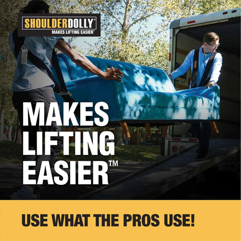 Two Person Moving Straps For Lifting Heavy Furniture And Appliances Up To 800 Lbs in use with a blue sofa and truck
