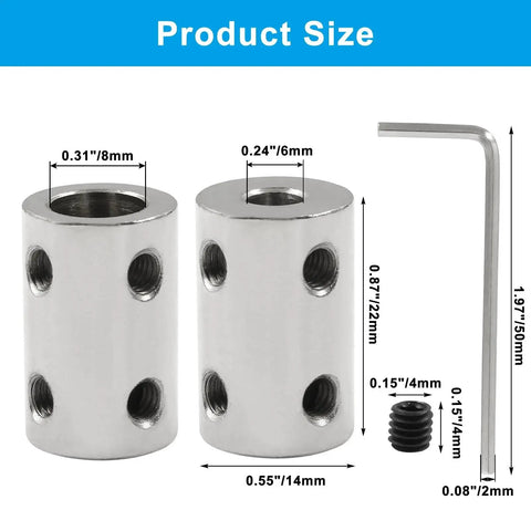 Two Piece Stainless Steel Shaft Couplings 5 Mm To 8 Mm Bore For 3D Printers Two Pack Rigid Couplers with measurements and hex key shown