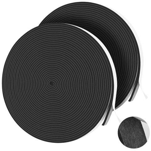 Foam weatherstripping tape, two black rolls, 1/2 in x 1/8 in, 33.1 ft each, for doors and windows.