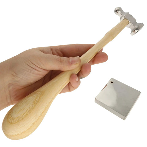 Two Sided Chasing Hammer and Bench Block Set for Metalworking and Jewelry Making, 10.75 Inch Wood Handle With 1.5 Inch Steel Block Featuring Riveting Hole