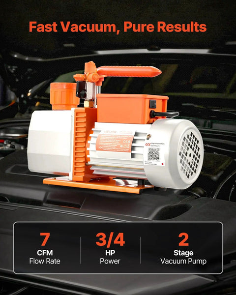 Pro Grade Two Stage Rotary Vane HVAC Vacuum Pump with 3/4 HP in automotive AC maintenance setting.