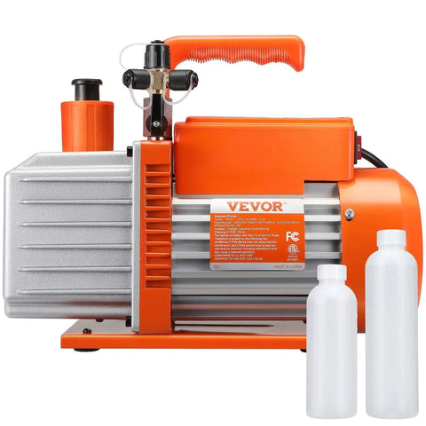 Powerful 5 CFM Two Stage Rotary Vane Vacuum Pump With Sparkless Motor For HVAC And Auto Repair Not Only For R22 R410a But Also R32 R1234yf Systems From VEVOR With Two Oil Bottles Resin Degassing And Quick Maintenance