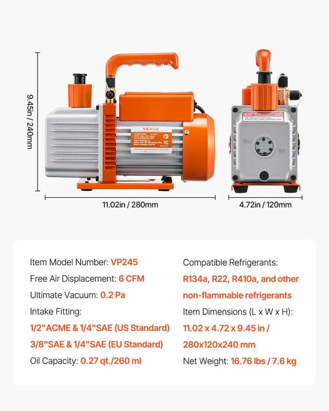 Two Stage 6 CFM Rotary Vane Vacuum Pump For Auto AC Systems R134a R22 R410a Compatible with specifications label