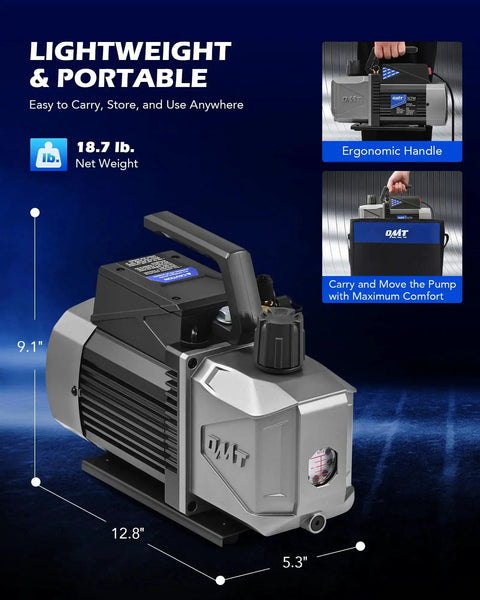 Two Stage A2L Sparkless Ignition-Proof Vacuum Pump For Auto HVAC Systems, 5 CFM, ergonomic handle, Orion Motor Tech