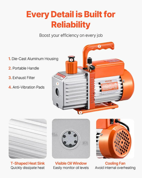 Two Stage 6 CFM Rotary Vane Vacuum Pump For Auto AC Systems R134a R22 R410a Compatible With Oil Bottle and Cooling Fan