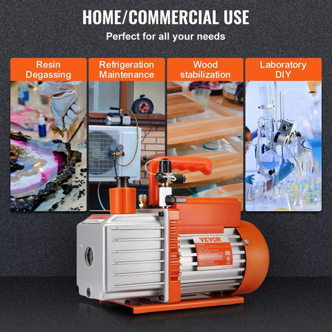 Powerful 5 CFM Two Stage Rotary Vane Vacuum Pump With Sparkless Motor For HVAC And Auto Repair Not Only For R22 R410a But Also R32 R1234yf Systems From VEVOR With Two Oil Bottles Resin Degassing And Quick Maintenance shown with various uses