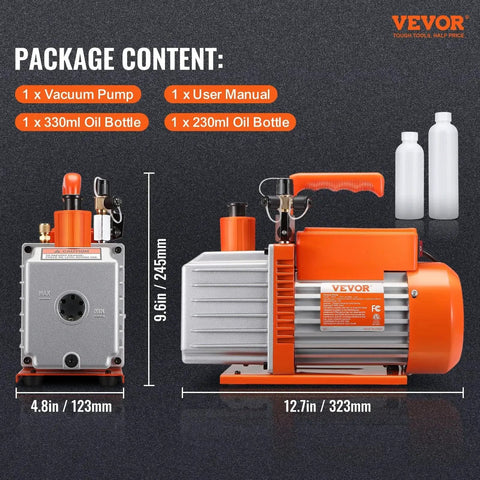 Powerful 5 CFM Two Stage Rotary Vane Vacuum Pump With Sparkless Motor For HVAC And Auto Repair Not Only For R22 R410a But Also R32 R1234yf Systems From VEVOR With Two Oil Bottles Resin Degassing And Quick Maintenance