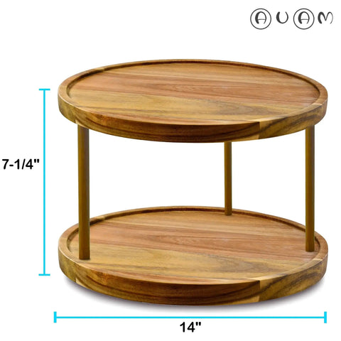 Two Tier Acacia Wood Lazy Susan Organizer For Kitchen Cabinet Or Pantry Turntable Keeps Spices Condiments Within Reach On Countertop