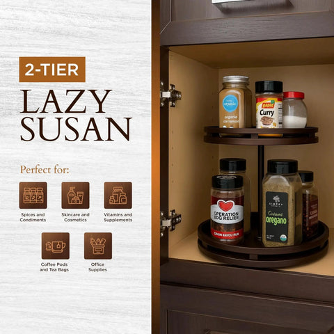Two Tier Bamboo Lazy Susan Organizer With 12 Inch Turntable holding spices in cabinet, adjustable height, removable dividers visible