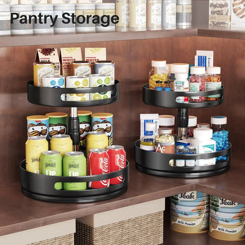 Two Tier Height Adjustable Lazy Susan Spice Rack For Cabinet And Countertop, Metal Turntable Organizer with Drinks and Snacks