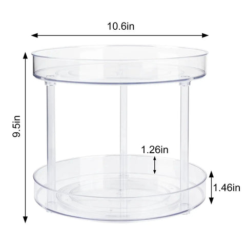 Two Tier Clear Lazy Susan Turntable Organizer With 360 Degree Rotation, 10.6 in square, clear acrylic, side view, with dimensions.