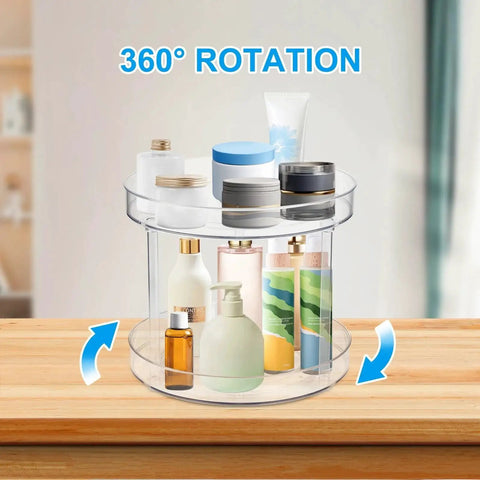 Two Tier Clear Lazy Susan Turntable Organizer With 360 Degree Rotation for Vanity and Bathroom Storage displaying skincare bottles