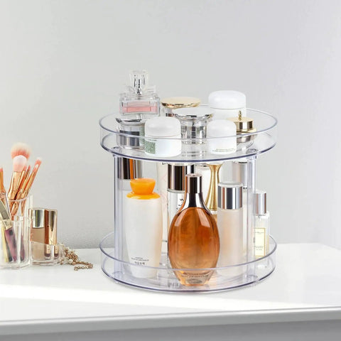 Two Tier Clear Lazy Susan Turntable Organizer With 360 Degree Rotation For Vanity And Bathroom Storage holding toiletries