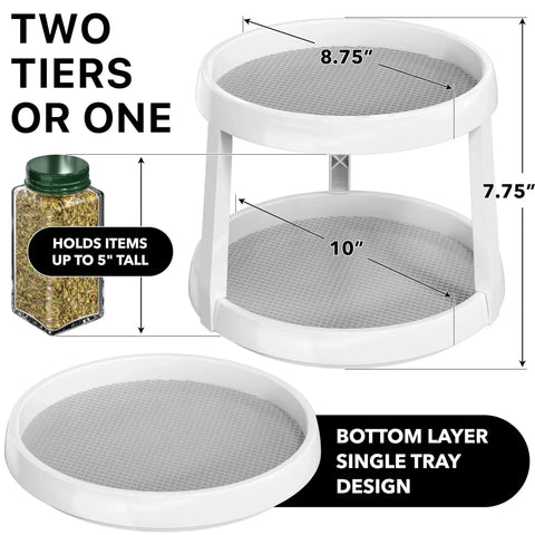 Two Tier Lazy Susan Spice Organizer 10 Inch Rotating Turntable shown with dimensions, suitable for cabinets and countertops.