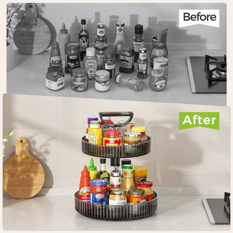 Two Tier Rotating Spice Rack Turntable For Kitchen Cabinet Pantry And Countertop, 11.4 Inch Diameter with condiments organized