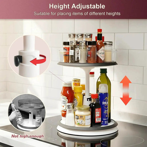 Two Tier Lazy Susan Organizer Turntable Clear With 11 Inch Tray And Three Divided Bins for spice rack on countertop