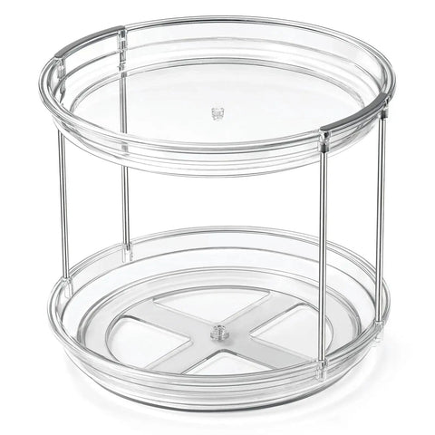 Two Tier Lazy Susan Organizer For Narrow Cabinets And Countertops Space Saving Vertical Dual Layer Rotating Turntable Clear Plastic