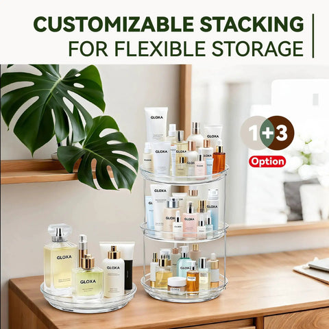 2 Tier Lazy Susan Turntable Organizer for cabinets and pantries, 9.25 inch rotating spice rack with skincare bottles, on vanity