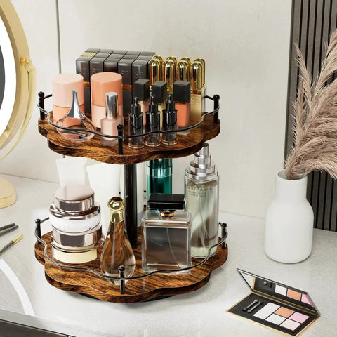 Two Tier Height Adjustable Lazy Susan Organizer For Cabinets And Countertops Rotating Spice Rack with cosmetics on countertop