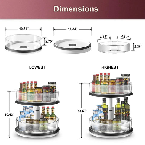 Dimensions of Two Tier Lazy Susan Organizer Turntable Clear With 11 Inch Tray And Three Divided Bins For Large Spice Rack Adjustable Height