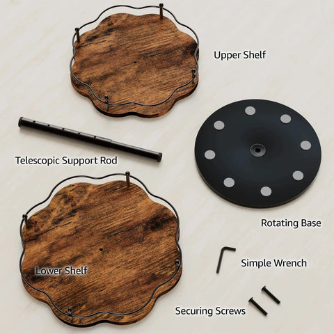Components of Two Tier Height Adjustable Lazy Susan Organizer For Cabinets And Countertops shown disassembled