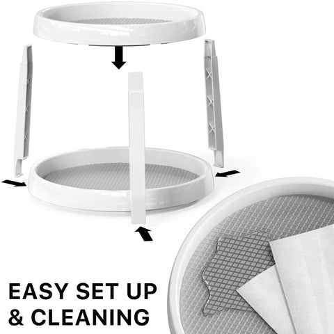 Assembly of Two Tier Lazy Susan Spice Organizer 10 Inch Rotating Turntable for Cabinets with easy setup instructions shown