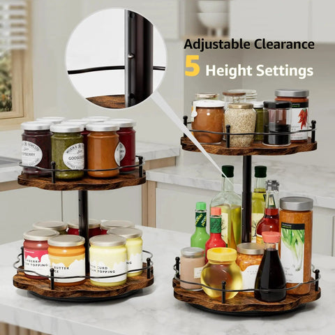 Two Tier Height Adjustable Lazy Susan Organizer with spices and jars on a kitchen countertop, showing 5 adjustable height settings.