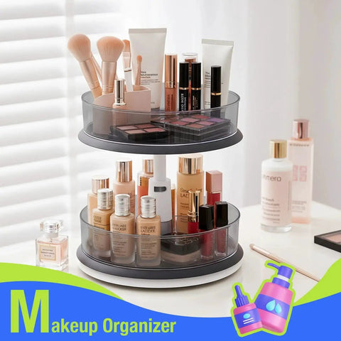 Two Tier Lazy Susan Turntable Organizer for medicine cabinet and pantry bottles, 11 inch grey, showing makeup organization