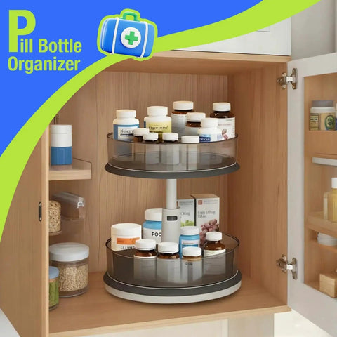 Two Tier Lazy Susan Turntable Organizer For Medicine Cabinet And Pantry Bottles, 11 Inch Grey, adjustable height, holding pill bottles