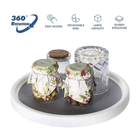 Two Tier Rotating Lazy Susan Organizer With Non Skid Base For Pantry Cabinets And Kitchen Countertops holding jars.