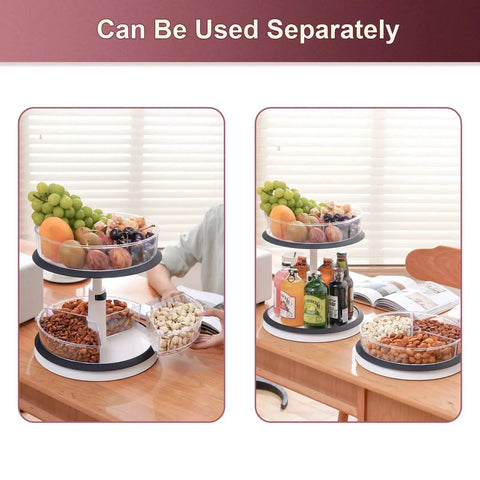 Two Tier Lazy Susan Organizer Turntable Clear With 11 Inch Tray And Three Divided Bins for spices in a kitchen setting