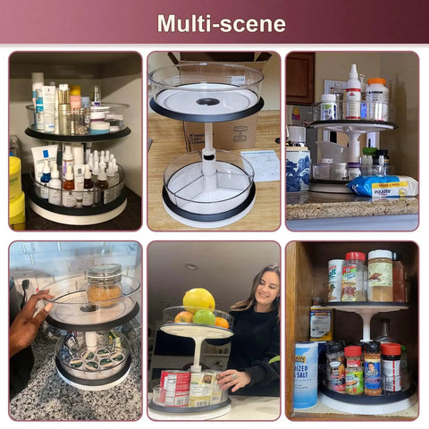 Two Tier Lazy Susan Organizer with 11-inch tray and bins, adjustable height 10.43 to 14.57 inches, shown in various storage settings.