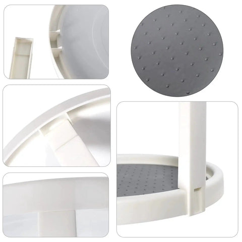 Two Tier Rotating Lazy Susan Organizer with Non Skid Base details including material and non-slip surface