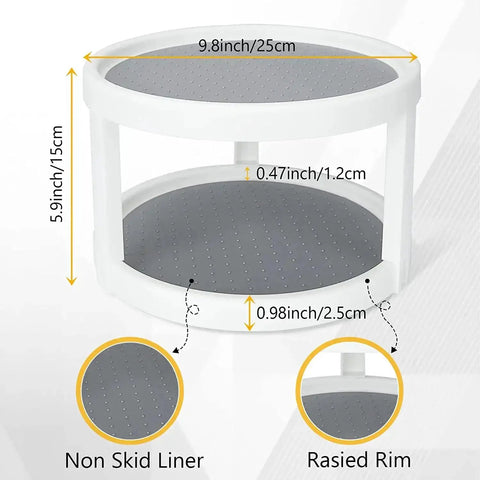 Two Tier Rotating Lazy Susan Organizer With Non Skid Base shown with dimensions and non-slip liner for pantry cabinets.