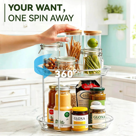 2 Tier Lazy Susan Turntable Organizer For Cabinets And Pantries with jars and spices in kitchen