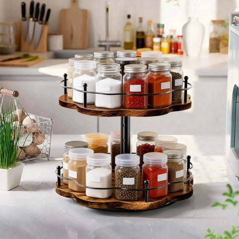 Two Tier Height Adjustable Lazy Susan Organizer for cabinets and countertops filled with spice jars in kitchen setting.