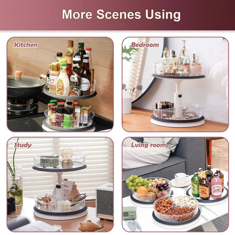 Two Tier Lazy Susan Organizer Turntable Clear With 11 Inch Tray And Three Divided Bins For Large Spice Rack in various room settings