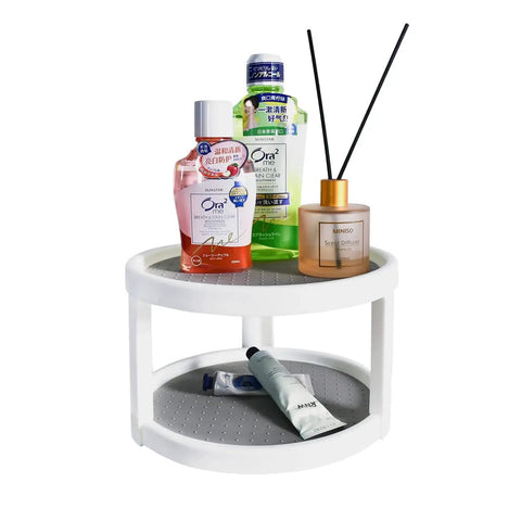Two Tier Rotating Lazy Susan Organizer With Non Skid Base For Pantry Cabinets And Kitchen Countertops 360 Degree Turntable Spice Rack 10 Inch Spinning Organizer For Seasonings Bottles And Vanity Display showcasing cosmetics and essentials.