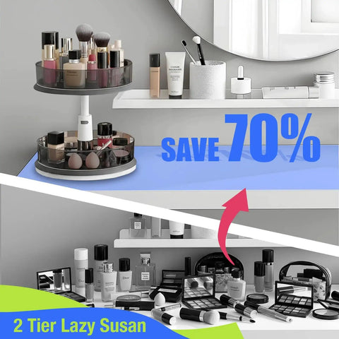 Two Tier Lazy Susan Turntable Organizer 11 Inch Grey shown on vanity with cosmetics, highlighting 360 degree rotating feature and adjustable height.