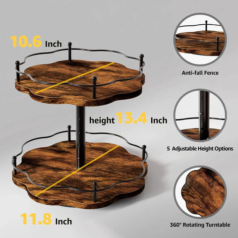 Two Tier Height Adjustable Lazy Susan Organizer for Cabinets and Countertops with 5 Adjustable Gap Heights, shown with height and size details.