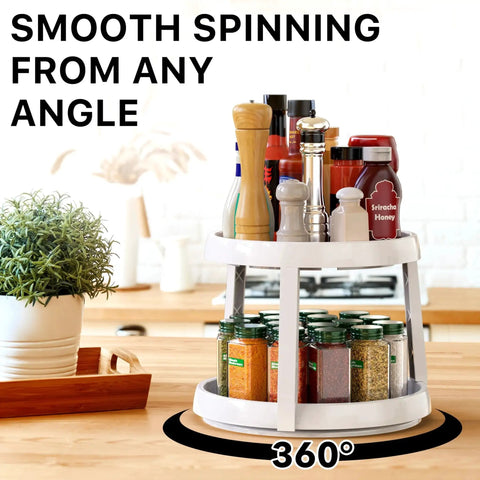 Two Tier Lazy Susan Spice Organizer 10 Inch Rotating Turntable on counter with spices, smooth 360 degree rotation