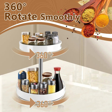 Two Tier Lazy Susan Turntable Spice Rack With Rotating Organizer And Adjustable Height For Kitchen Countertop Pantry Dining Table White 12 Inch Revolving Spice Storage Solution For Kitchen Organization And Storage.