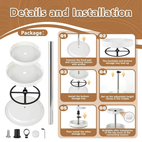 Details and installation guide for Two Tier Lazy Susan Turntable Spice Rack with Rotating Organizer and Adjustable Height.