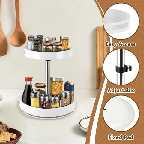 Two Tier Lazy Susan Turntable Spice Rack With Rotating Organizer And Adjustable Height for kitchen countertop, white, 12 inch.