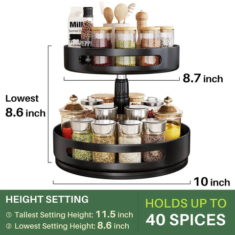 Two Tier Height Adjustable Lazy Susan Spice Rack For Cabinet And Countertop, Metal Turntable Organizer showing jars and spices on each level.