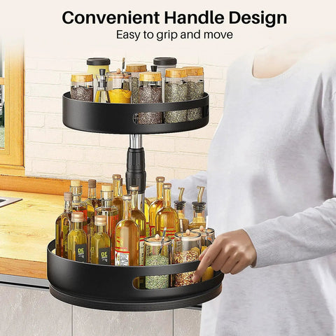 Person holding Two Tier Height Adjustable Lazy Susan Spice Rack For Cabinet And Countertop, Metal Turntable Organizer, 10 inch