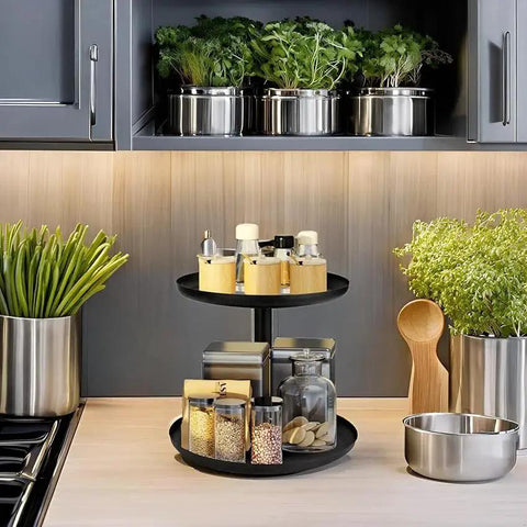 Two Tier Metal Lazy Susan Organizer Rotating Spice Rack For Kitchen Pantry And Countertop Made From 1.2mm Cold Rolled Steel With Powder Coated Finish