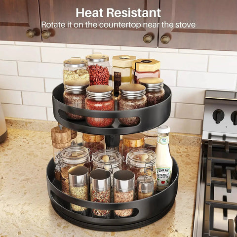 Two Tier Height Adjustable Lazy Susan Spice Rack For Cabinet And Countertop, Metal Turntable Organizer with spices