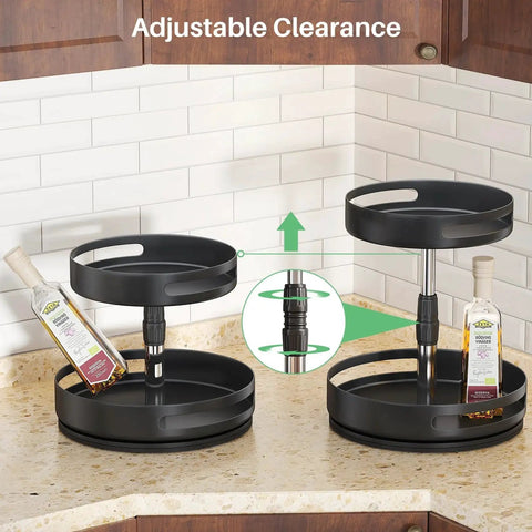 Two Tier Height Adjustable Lazy Susan Spice Rack For Cabinet And Countertop, metal turntable organizer on a kitchen countertop
