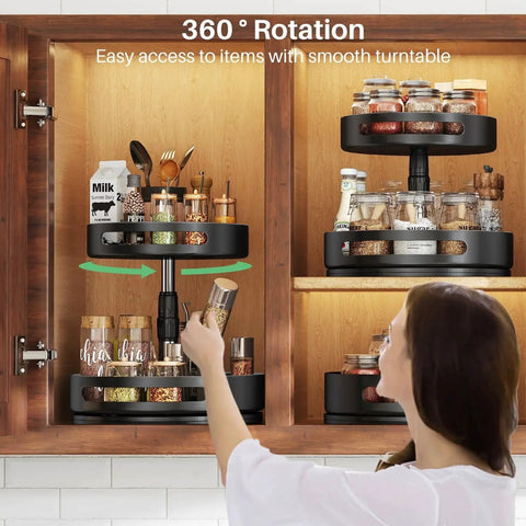 Woman using Two Tier Height Adjustable Lazy Susan Spice Rack For Cabinet And Countertop with 360 Degree Rotation, storing spices.